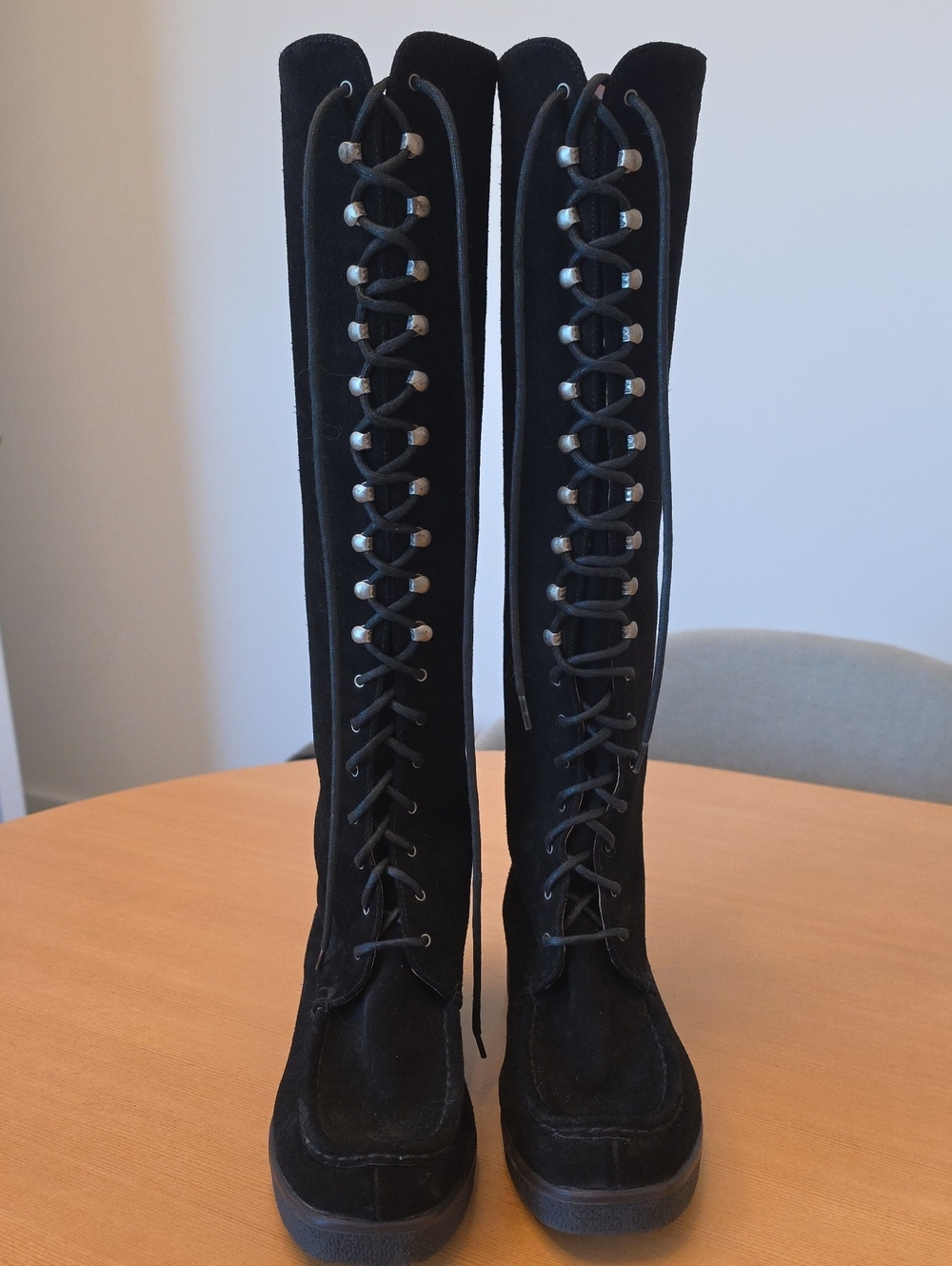 Vintage Esprit Newman Black Suede Knee High Lace Up Boots Y2K 8.5
